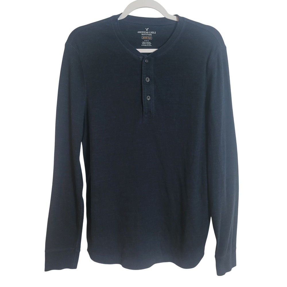 American Eagle Men Active Flex Thermal Henley Shirt Navy Blue Long Sleeve Medium